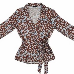 Quiz Brown & Blue Animal Print Wrap Blouse Top Long Sleeve Collared Tie Waist